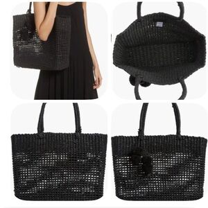 BTB Los Angeles,  Black Raffia Tote Pom Pom Woven Beach Bag large